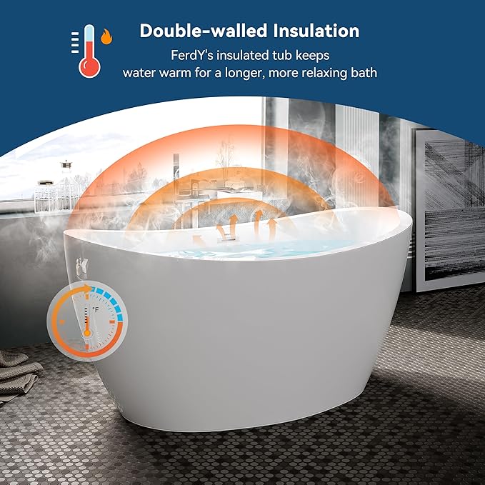 FerdY Naha 59" Acrylic Freestanding Bathtub, Curve Edge Freestanding Soaking Bathtub, Glossy White, cUPC Certified, Toe-Tap Chrome Drain & Overflow Assembly Included, 02588