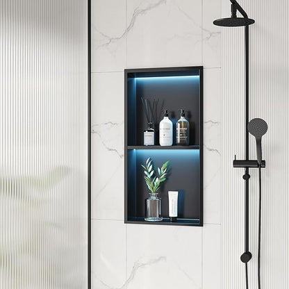 2-Tiers 12x24 Shower Niche, RGB LED Light Strips, Matte Black Wall Cabinet Shlef, Stainless Steel NO Tile Needed Recessed Wall Niche for Bathroom Storage Organizer
