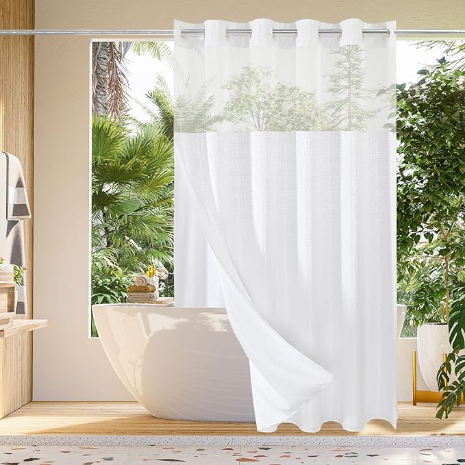 Gibelle Extra Long Shower Curtain 72x86, Waffle Weave Bathroom Shower Curtain with Snap-in Fabric Liner Set, No Hooks Needed, Hotel Style with Mesh Top Window, White