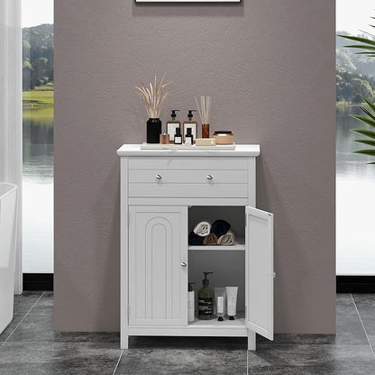 LOKO Bathroom Floor Cabinet, Kitchen Storage Cabinet with 1 Drawer, 2 Doors & 3-Position Adjustable Shelf, 2-Door Floor Storage Cabinet for Bathroom, Living Room, Entryway (White)