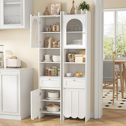 Maupvit 68” Tall Slim Bathroom Storage Cabinet, Narrow Cabinet with Drawer and Fluted Glass Door, Wave-Like Panel, 3-Tier Adjustable Shelves, 14.9" Wide for Small Space, 8 Compartments, White