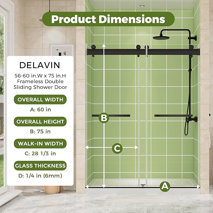 DELAVIN 56-60" W x 75" H Double Sliding Frameless Shower Door, Glass Shower Door with 1/4"(6mm) SGCC Tempered Glass, Noiseless Shatterproof Shower Doors Stainless Steel, Aluminum, Black