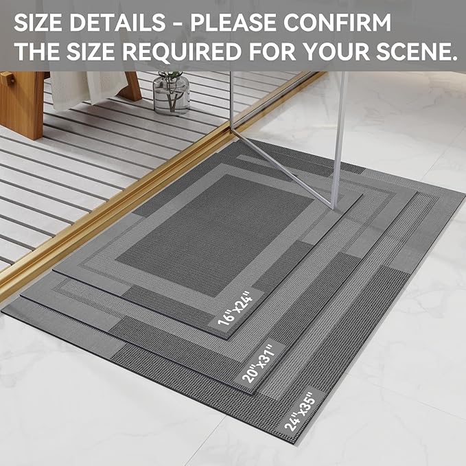 Non Slip Bath Mat, Rubber Backing Ultra Thin Bathroom Rugs Fit Under Door Quick Dry Super Absorbent Washable Bath Rug Shower Mat for Bathroom Floor Bathtub Sink, Easy Care Dark Grey 24"x 35"