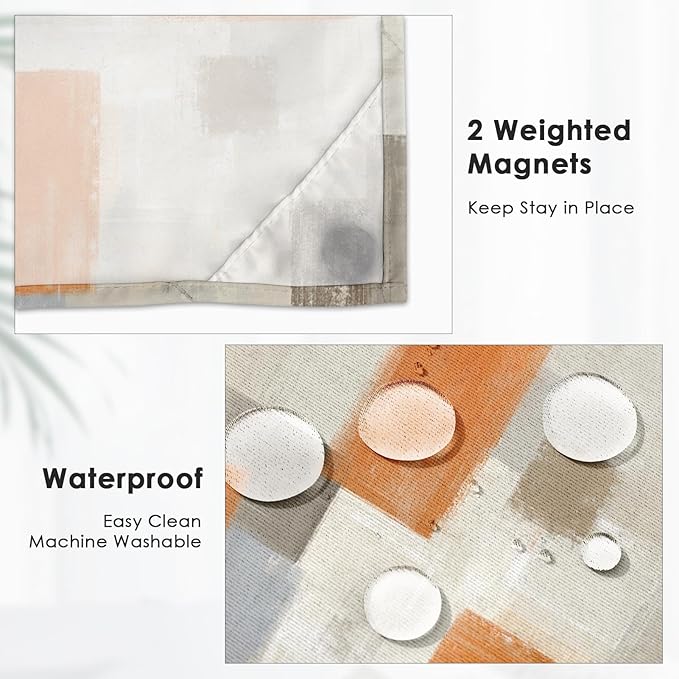 No Hook Grey Beige Orange Painting Shower Curtain with Snap in Fabric Liner Set, Abstract Double Layers Waterproof Fabric with See Through Top Window Open Grommet Bath Curtain 71x74 Inch