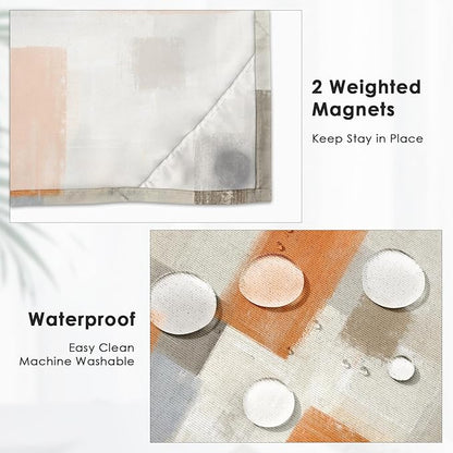 No Hook Grey Beige Orange Painting Shower Curtain with Snap in Fabric Liner Set, Abstract Double Layers Waterproof Fabric with See Through Top Window Open Grommet Bath Curtain 71x74 Inch