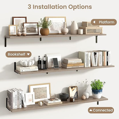 Fun Memories Deep Floating Shelves, 55W x 8D Floating Shelves Set of 2, Wall Mounted Shelf with Metal Brackets, Rustic Wood Wall Shelf for Bathroom, Kitchen and Living Room, Grey