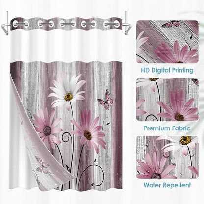 No Hook Flower Daisy Shower Curtain with Snap in Fabric Liner Set, Pink Rustic Farmhouse Double Layers Waterproof Fabric with See Through Top Window Open Grommet Bath Curtain 71x86 Inch