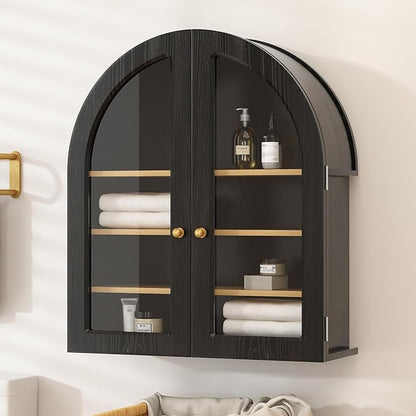 Large Arched Bathroom Wall Cabinet Modern Wooden Display Cabinet with Acrylic Doors Farmhouse Wall Mounted Cupboard Storage Organizer for Laundry Room, Dining Room, Black
