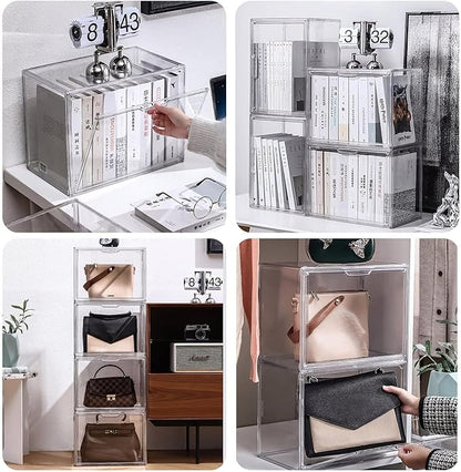 Clear Stackable Plastic Storage Bins with Magnetic Lid, Dustproof Book & Cosmetic Display Cases, Large Figures Collectibles Showcase, Shoe Box, Protection Organizer (L, Count, 3)