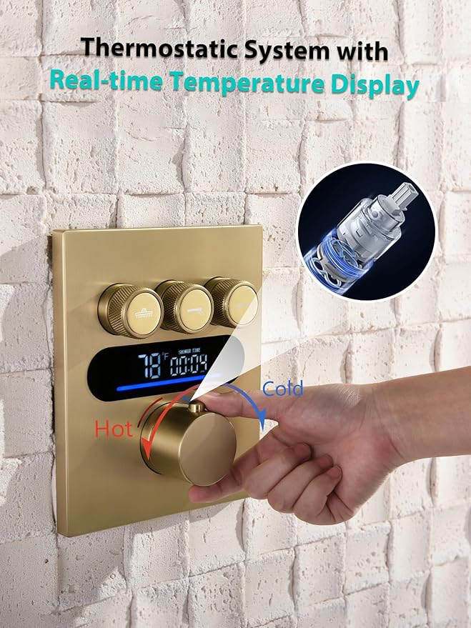 Lefton Shower System in Fahrenheit Display (Battery-free), 13” Overhead Round Rainfall Shower Head with All-in-one Handheld Spray Showerhead, 4-in-1 Control System, SSWM2501 (Brushed Gold)