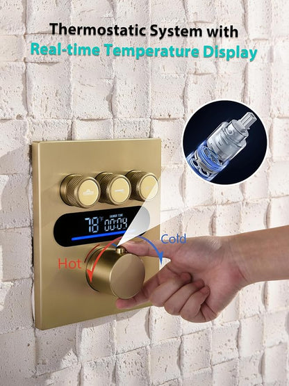 Lefton Shower System in Fahrenheit Display (Battery-free), 13” Overhead Round Rainfall Shower Head with All-in-one Handheld Spray Showerhead, 4-in-1 Control System, SSWM2501 (Brushed Gold)