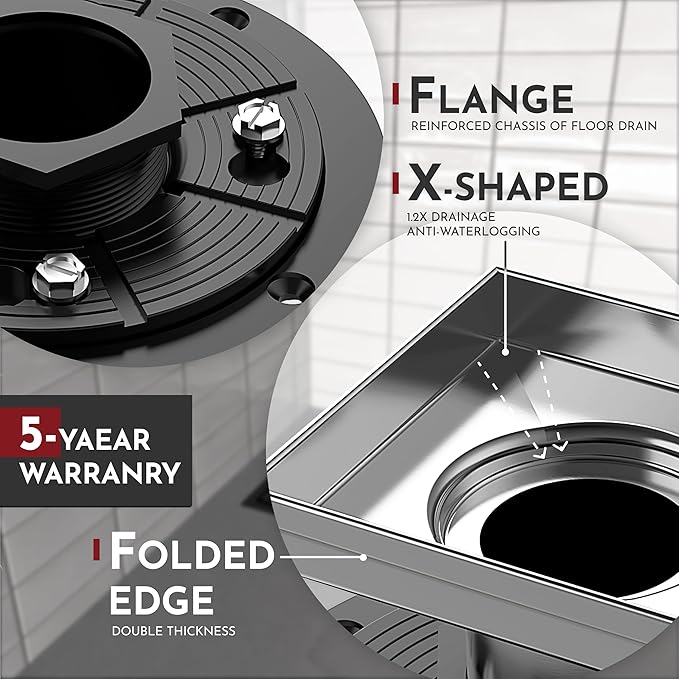 WEBANG 4 Inch Square Shower Drain Brushed Floor Drain with Flange Reversible 2-in-1 Cover Tile Insert Grate Removable SUS304 Stainless Steel CUPC Certified Brushed