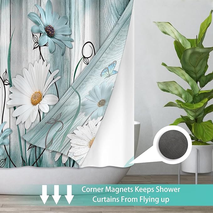 No Hook Shower Curtain Set with Snap in Fabric Liner for Bathroom,with See Through Top Window,Double Shower Curtain with Detachable Liner Replacement,Machine Washable,Daisy Flower,71x74inch