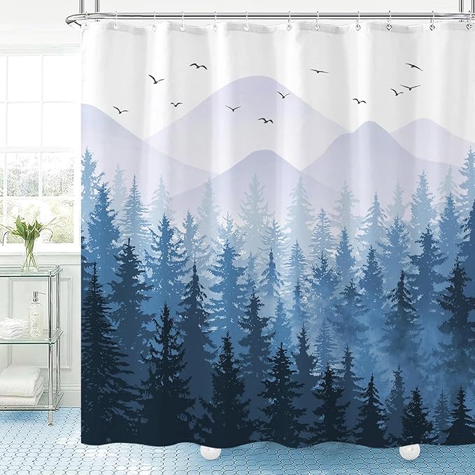 Aipon Blue Misty Forest Shower Curtain Ombre Nature Tree Plants Shower Curtains Fabric Waterproof Mountain Shower Curtain Sets for Bathroom Bath Decor with 12 Hooks (Blue, 72'' × 72'')