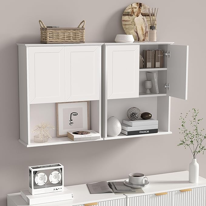 Bathroom Wall Cabinet Wooden with 2 Doors,Over the Toilet Storage Cabinet,Bathroom and Laundry Wall Mount Storage Medicine Cabinet with Open and Adjustable Shelf,Easy Assembly (Style A-2 PC, White)