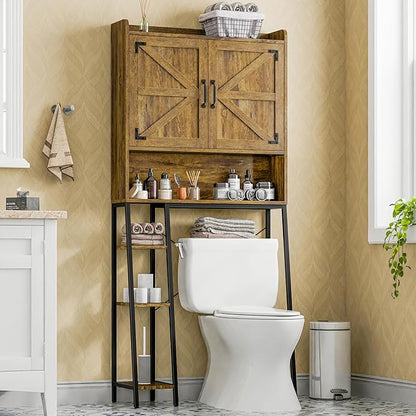 Vabches Over The Toilet Storage Cabinet, Farmhouse Storage Cabinet Over Toilet with Barn Doors & Toilet Paper Holder Stand，Home Space-Saving Toilet Rack, for Restroom, Laundry and Bathroom