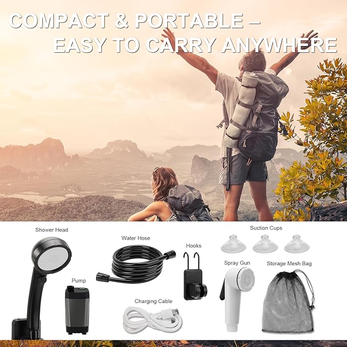 Portable Shower for Camping, Rechargeable Camping Shower Pump with LED Display & IPX8 Waterproof - High Pressure Electric Outdoor Shower for Hiking, Car Wash, Pet Bath, RV, Boat