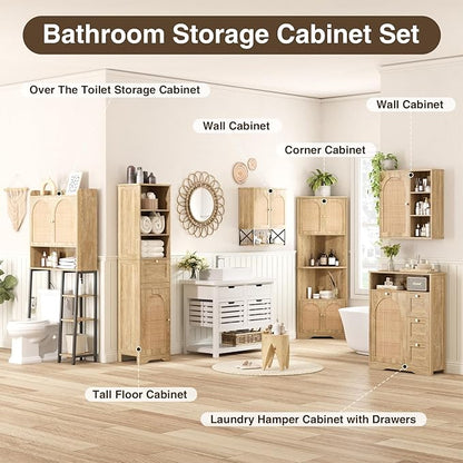 67''H Tall Corner Cabinet with Handmade Rattan Door, Rattan Storage Cabinet with Adjustable Shelves, Corner Bookshelf Space Saver for Barthroom, Kitchen, Natural