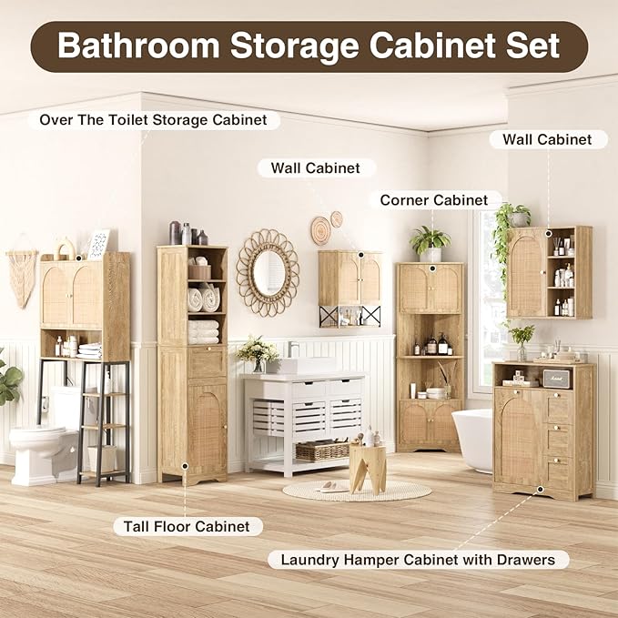 67" H Natural Bathroom Storage Cabinet with Rattan Doors and Slide Storage, Tall Narrow Freestanding Tower Cabinets with Adjustable Shelves for Kitchen, Living Room, Dining Room