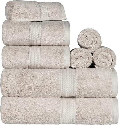 Superior Egyptian Cotton Pile 8 Piece Towel Set, Includes 2 Bath, 2 Hand, 4 Face Towels/Washcloths, Ultra Soft Luxury Towels, Thick Plush Essentials, Guest Bath, Spa, Hotel Bathroom, Stone