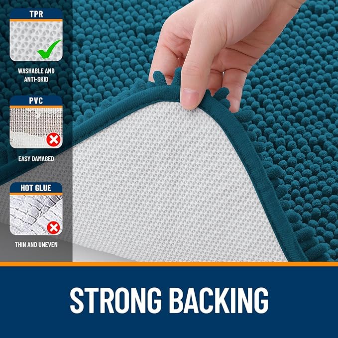 OLANLY Bathroom Rugs Sets 2 Piece, Soft Absorbent Chenille Bath Mats and U-Shaped Contour Toilet Mat Area Rug Set, Machine Washable Bath Carpet, Home Decor Accessories(24"x16"+24"x20", Peacock Blue)