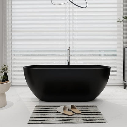 SJ STAR&JANE 59" Solid Surface Freestanding Bathtub Oval Stone Resin Soaking Tub Modern Stand Alone Tub with Overflow & Pop-up Drain, Matte Black for Bathrooms