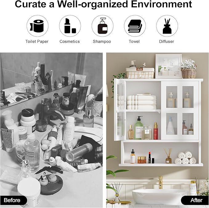Modern Hanging Bathroom Cabinet, Sturdy Wooden Medicine Cabinet with Buffering Hinge & Anti-Scratch Door, Space-Saving Wall Mounted Over Toilet (Cross-Panel Door)