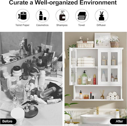 Modern Hanging Bathroom Cabinet, Sturdy Wooden Medicine Cabinet with Buffering Hinge & Anti-Scratch Door, Space-Saving Wall Mounted Over Toilet (Cross-Panel Door)