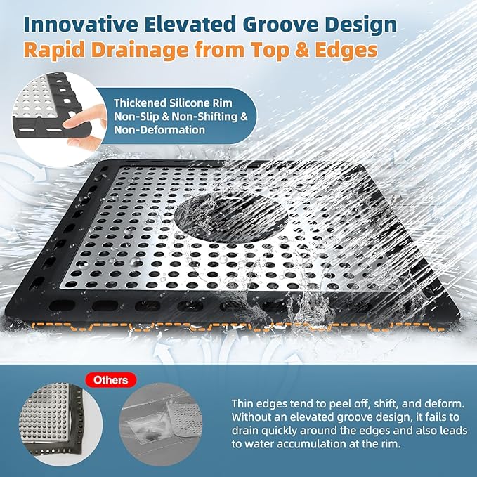 Hibbent 2 Pack Upgraded Shower Drain Hair Catcher, Shower Drain Cover for Bathroom Floor 6" Drain, Anti-Clogging Bathtub Drain Strainer, Stainless Steel Kitchen Sink Drain Strainer with Handle, Black