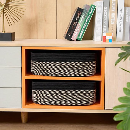 Large Shallow Organizing Baskets 15x11x5.1 Inches - Rope Woven Storage Bins for Bathroom, Shelves, Cube Closet, Black Woven Brown 3 Packs