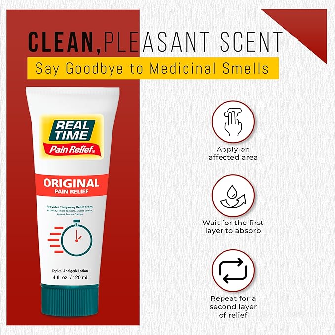 Real Time Pain Relief Cream 4oz Tube | 17 Natural Ingredients: 1.25% Menthol, Arnica & MSM | Muscle Strain & Joint Discomfort Relief for Arthritis, Cramps, Sprains, Bruises, Hands, Back & Knee Pain