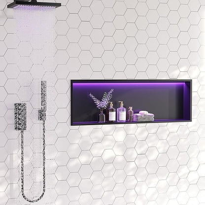 RGB LED Light Shower Niche, Matte Black 36X12 in Stainless Steel Wall Niche with Remote Control, Waterproof No Tile Needed Wall Niche for Bathroom Storage Over Mount Installation