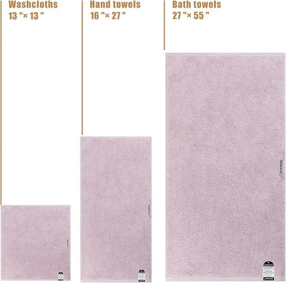 SEMAXE Bath Towel Set, 100% Cotton Absorbent Bathroom Towels with Hanging Loops and Nano-Bio Lifecycle Labels, 8 Piece Towel Set Include 2 Bath Towels, 2 Hand Towels, 4 Washcloths, Purple