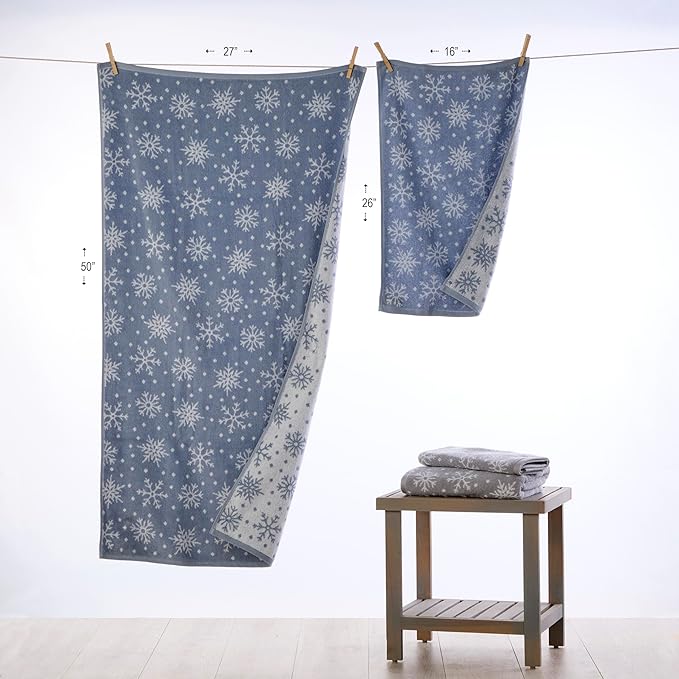 SKL Home Christmas/Winter Scattered Snowflakes 100% Cotton Premium Bath Towel, 500 GSM, Soft & Absorbent, Reversible Jacquard, Decorative, Blue/White