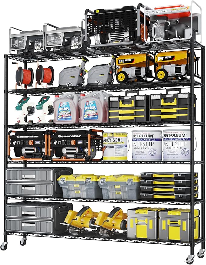 6 Tier Storage Racks Shelving, Heavy Steel Pantry Shelves, Adjustable Wire Shelving Rack with Wheels, Suitable for Garage, Kitchens, Offices, 59" W x 17.7" D x 83.8" H, Black