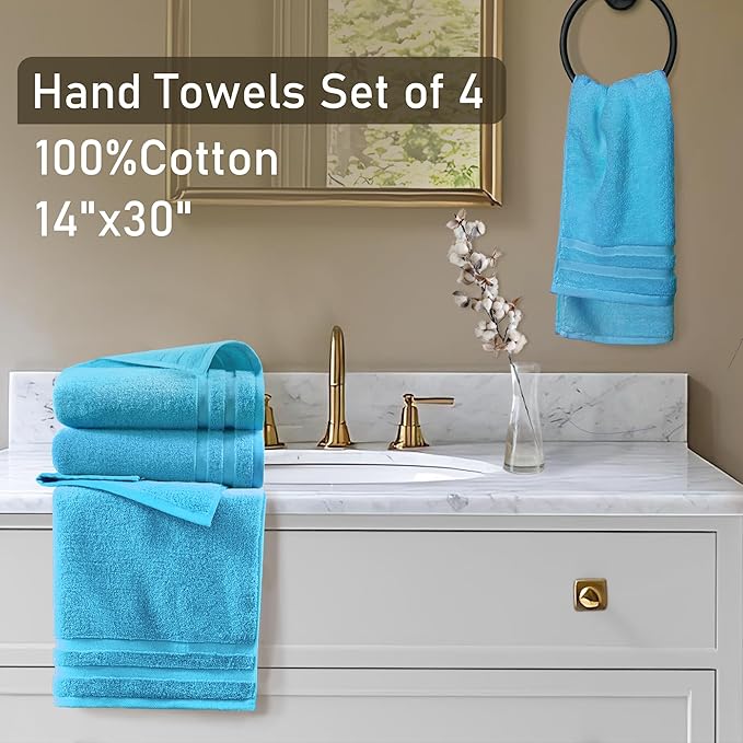 Turquoise Hand Towels, Bathroom Hand Towels Set of 4，14"x30" - 100% Cotton | Lightweight | Thick 480GSM | Soft | Absorbent, Fluffy Towels Decorative Set, Bathroom Essentials, Turquoise Blue