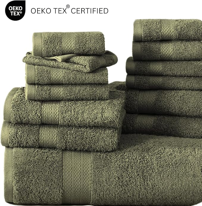 LANE LINEN Cotton Towels for Bathroom - 24 PCs - Highly Absorbent, Durable & Soft - 4 Bath, 4 Fingertip, 6 Hand Towels, 8 Washcloths, 2 Bath Sheets - Family Bundle Pack - Oil Green