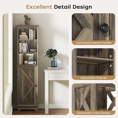 Narrow Bathroom Storage Cabinet with Door and Open Adjustable Shelves, 60.9" H Wooden Tall Tower Corner Farmhouse Cabinet, Freestanding Organizer for Kitchen, Entryway Grey
