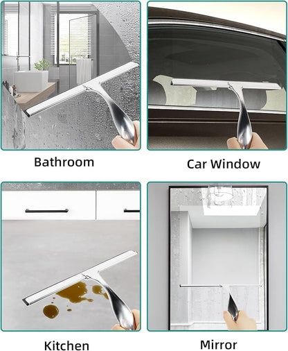All-Purpose Stainless Steel Shower Squeegee Come with S Hook, 2 Square Sticky Hook 2 Rubber Strips Shower Squeegee for Glass Doors, Windows, Mirrors, Tiles and Car Glass -10 Inches Silver