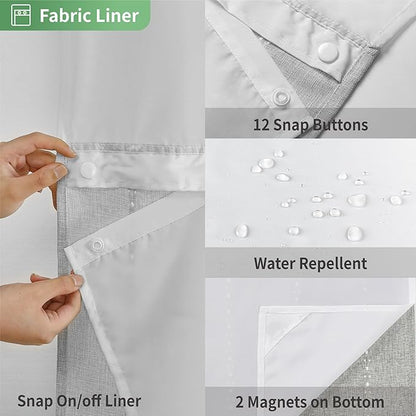 No Hook Long Shower Curtain Set with Snap-in Fabric Liner,Linen Ultra Thick Fabric with Tassels,Boho Chic Modern Farmhouse Country Neutral Cloth Shower Curtains for Bathroom,Grey/Gray,71x80