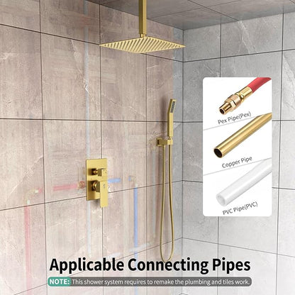 SR SUN RISE 12 Inch Ceiling Mounted Shower System Rain Mixer Shower Combo Set Rainfall Shower Head System Brushed Gold Shower Faucet Trim Repair Kits with Shower Rough-in Valve Body and Trim