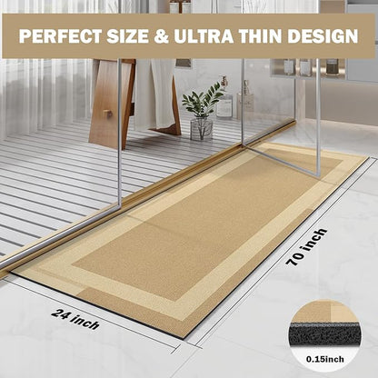 Extra Long Non Slip Bathroom Runner Bath Mat, Rubber Backing Ultra Thin Bath Rug Fit Under Door Quick Dry Super Absorbent Washable Shower Mat for Bathroom Floor Bathtub Sink, Brown 24"x70"