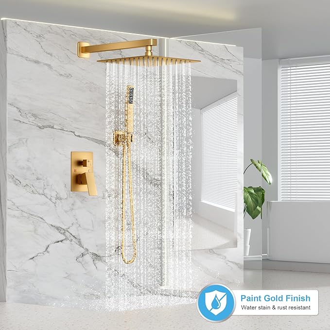 Gold Shower Faucet Set, Rainfall Shower System with Rain Shower Head and Handle Set, Wall Mounted Shower Fixtures, Full Metal Trim Repair Kit 12 inch Paint Gold (With Shower Valve)