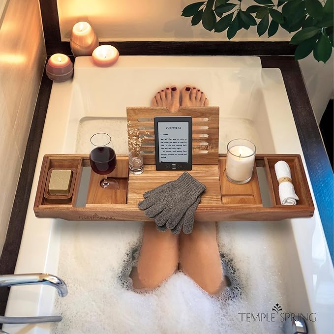 Temple Spring Wooden Bathtub Tray, Acacia Bathroom Accessories, Bath Tray for Tub, at Home Spa Essentials, Board for Tub Table, Bath Caddy for Bathtub Accessories & Bathroom Essentials - Not Teak