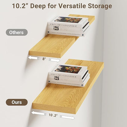 Vivelove 10" Deep Floating Shelves Over Toilet, 24" Wall Shelves for Bathroom Bedroom Kitchen Living Room Laundry Room, Modern Rustic Shelves for Home Decor, 24"x10.2"x1.5", Set of 2, Oak