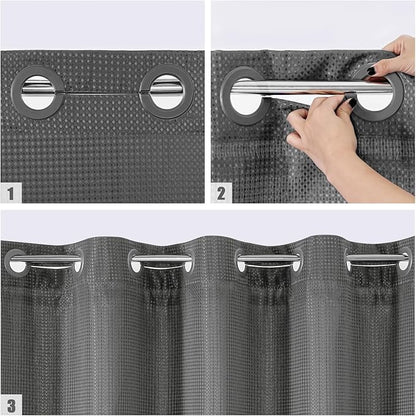 MitoVilla No Hooks Needed Grey Waffle Shower Curtain Liner Set, Modern Waffle Weave Heavy Duty Fabric Cloth Shower Curtain with Snap-in Liner for Luxury Neutral Hotel Spa Bathroom Decor