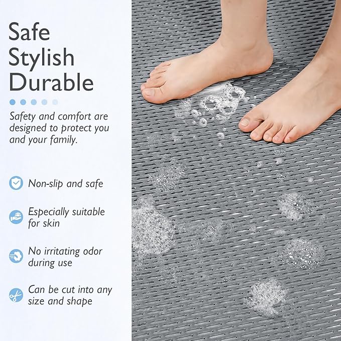 Extra Large Non-Slip Shower Mat, Fast-Dry PVC Bath Stall Tub Mat, Drain-Hole Design for Shower Stall Tub for Elderly/Kids, Non Slip Bath Mat Bathroom Safety Accessory, Gray 24"x16"