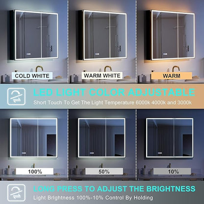 WELLFOR 36" X 30" LED Mirrored Medicine Cabinet, Medicine Cabinets with Lights for Bathroom, Defogging Function Mirror Cabinet, Bathroom Medicine Cabinet with USB Port & Outlet, Double Doors
