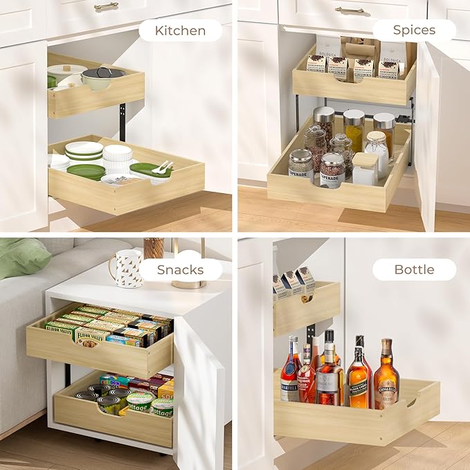 COOLBEBE 2 Tier Pull Out Drawers for Cabinets，17"W x 21"D Double Tier Slide Out Wood Drawer Shelf Organizer, Soft Close Cabinet Pull Out Shelves in Kitchen, Pantry