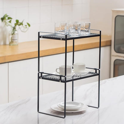 2pk Kitchen Cabinet Shelf Counter Organizer Rack Pantry Storage Bathroom Bedroom Office Table Desk Space Saving Steel Frame Stackable Rust Resistant Non Slip Black-Tall-L13in W8.3in H9.5in